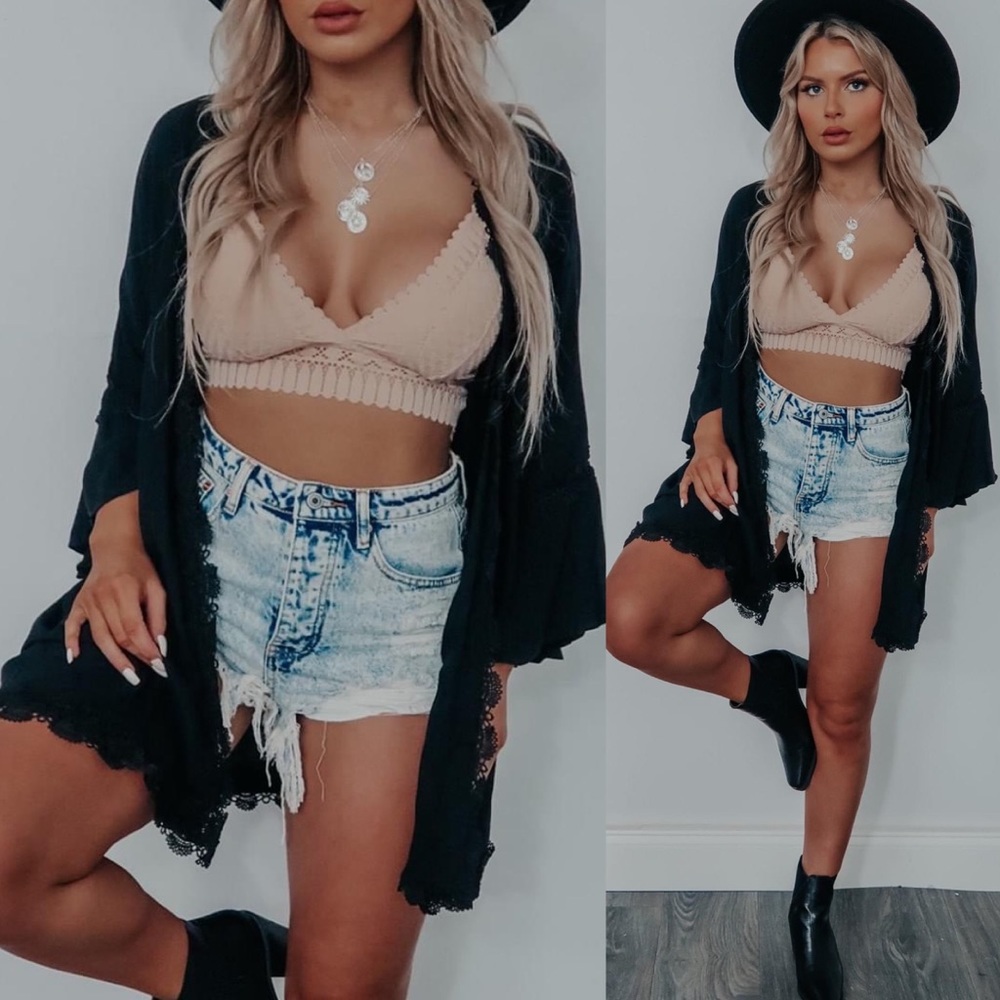 . Shop Hope’s Black Crochet Open Knit Lace Scalloped Cardigan Kimono
